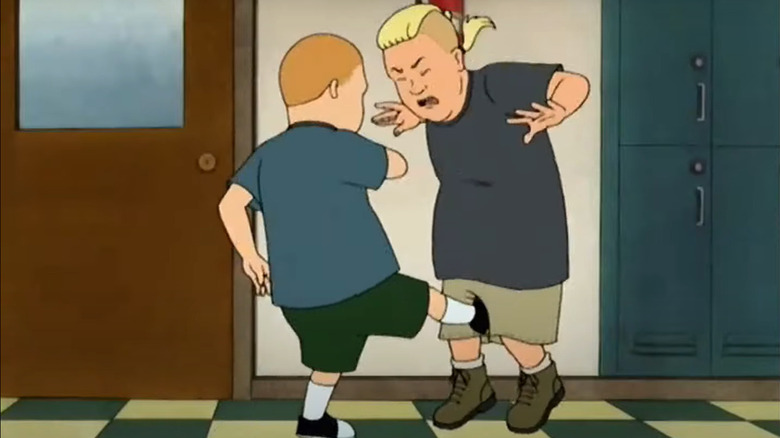 Bobby kicking bully in groin