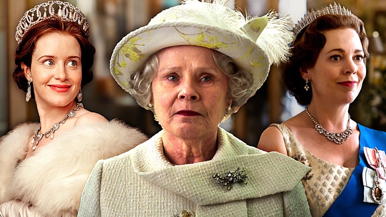 Three versions of Queen Elizabeth II, played by Claire Foy, Imelda Staunton ,and Olivia Colman, in a composite image from The Crown