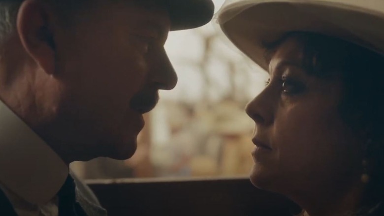 Sam Neill's Chester Campbell talking with Helen McCrory's Polly Gray on Peaky Blinders