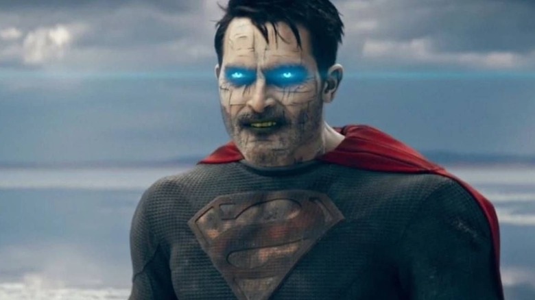 Bizarro looks angry as his eyes glow in Superman & Lois