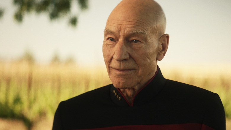 Picard (Patrick Stewart) wears his captain's uniform at his vineyard in Star Trek: Picard