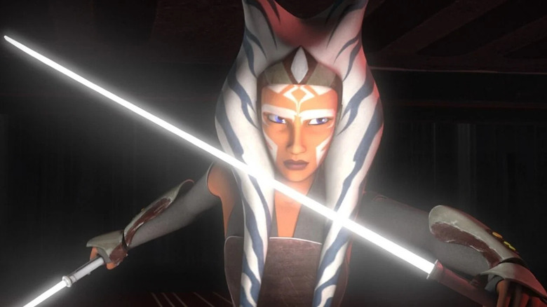 Ahsoka Tano weilding her white lightsabers