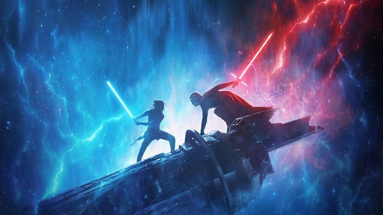 Rey and Kyle Ren having a lightsaber battle on the poster for Star Wars: The Rise of Skywalker