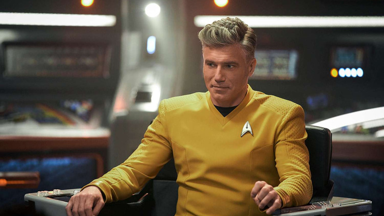 Captain Pike in his captain's chair on Star Trek: Strange New Worlds