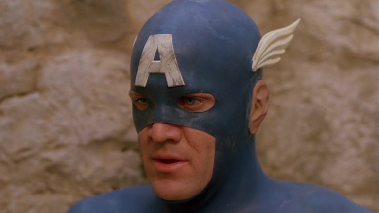 Matt Salinger's Steve Rogers is seen in his Captain America cowl against a beige background in Captain America