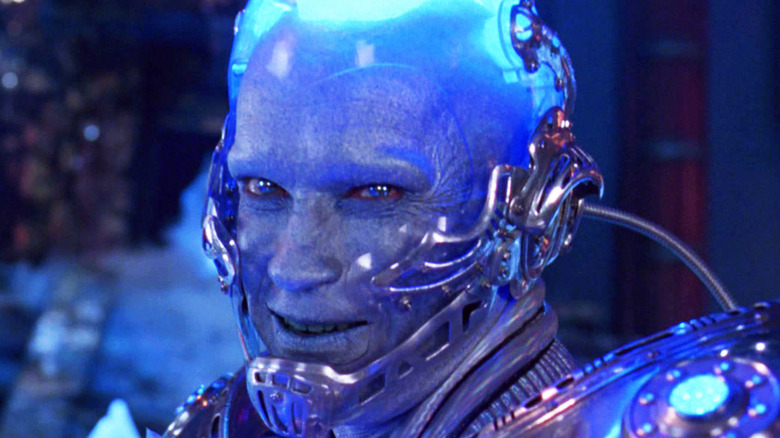 Arnold Schwarzenegger's Mr Freeze smiles in closeup in Batman & Robin