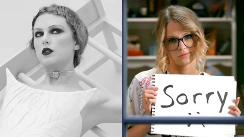 Taylor chained to a bed frame in the Fortnight video; Taylor holding up a "Sorry" sign in the You Belong With Me video