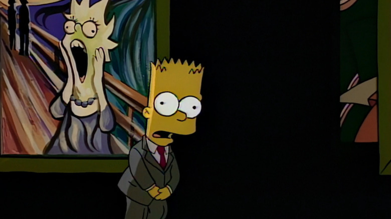 Bart walking through an exhibition of spooky paintings in The Simpsons