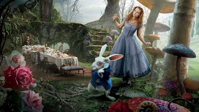 Alice and the White Rabbit with the Mad Hatter's Tea Party in background