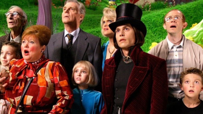 Willy Wonka's guests stare up in awe