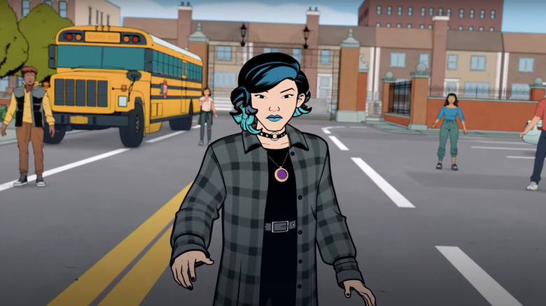 Nico Minoru standing in school parking lot in Your Friendly Neighborhood Spider-Man