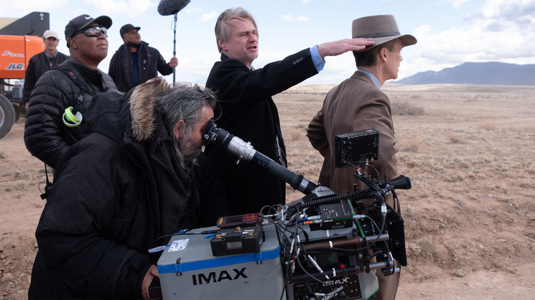 Oppenheimer Christopher Nolan on set with IMAX camera, Cillian Murphy, and Hoyte van Hoytema