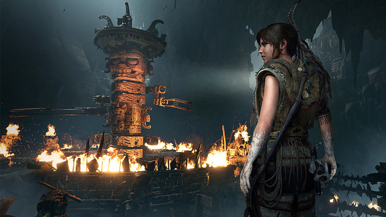 Lara Croft Exploring a Fiery Ruin