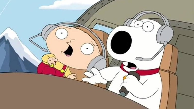 Stewie and Brian about to crash their helicopter in Family Guy's Road to Rupert