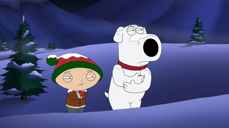 Stewie and Brian shivering in the snow in Family Guy's Road to the North Pole