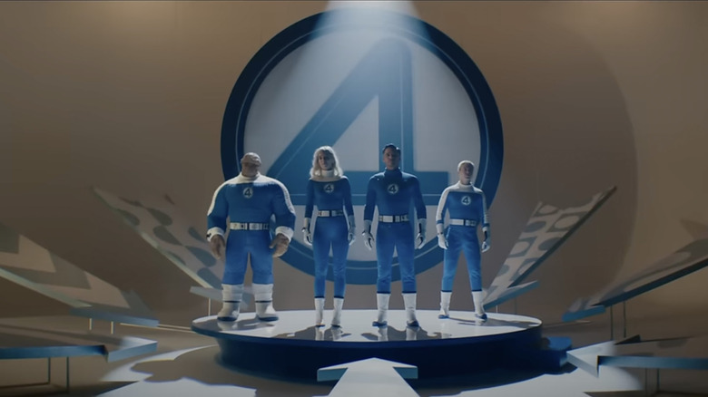 Pedro Pascal as Reed Richards, Vanessa Kirby as Sue Storm, Joseph Quinn as Johnny Storm, and Ebon Moss-Bachrach as Ben Grimm in The Fantastic Four: First Steps