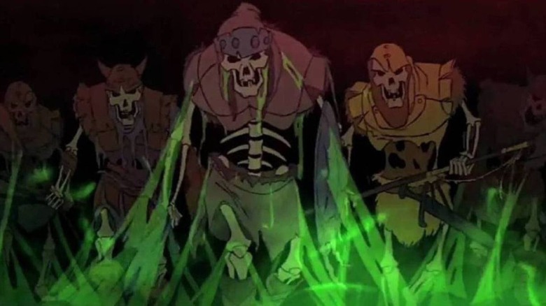 Skeleton warriors stand behind green flame