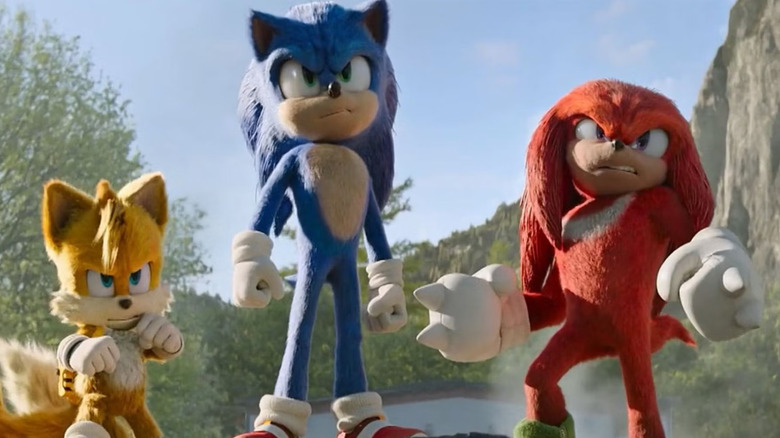 Tails, Sonic, and Knuckles stand firm in an outdoor canyon in Sonic the Hedgehog 2