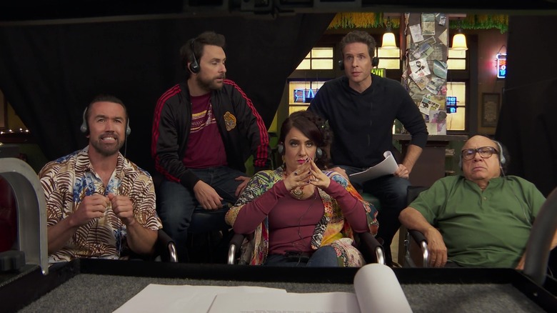 Rob McElhenney, Charlie Day, Glenn Howerton, Danny Devito, and Artemis Pebdani in It's Always Sunny in Philadelphia