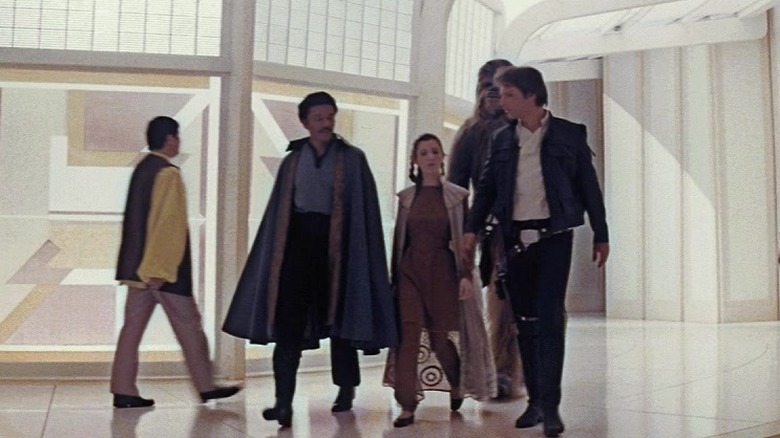 Billy Dee Williams, Carrie Fisher, Peter Mayhew, and Harrison Ford in Star Wars: Episode V -- The Empire Strikes Back