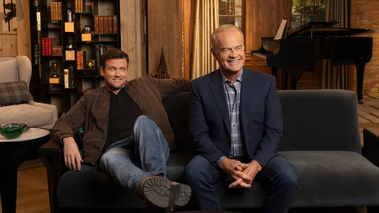 Kelsey Grammer's Frasier Crane sits next to Jack Cutmore-Scott's Freddy Crane in Frasier