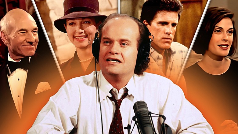 A collage with Kelsey Grammer as Frasier Crane surrounded by Patrick Stewart as Alistair Burke, Bebe Neuwirth as Lilith Sternin, Ted Danson as Sam Malone, and Teri Hatcher as Marie