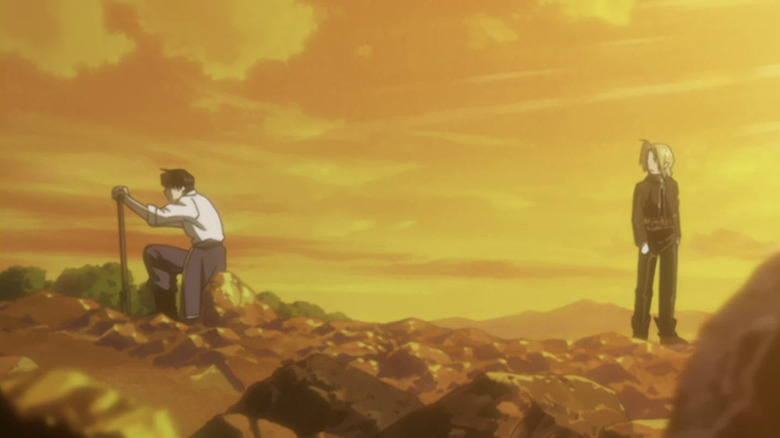 Roy Mustang and Edward Elric at sunset in Fullmetal Alchemist