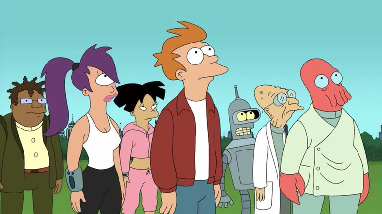 The entire Planet Express crew from Futurama looking up at the sky