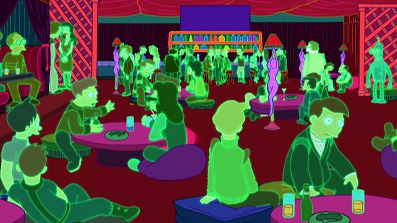 A virtual adult chat room full of glowing green digital avatars in Futurama