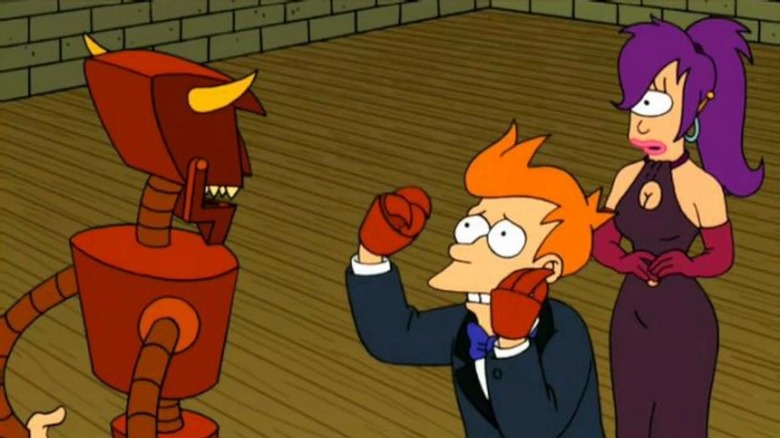 The robot devil, Fry, and Leela in the first series finale of "Futurama."
