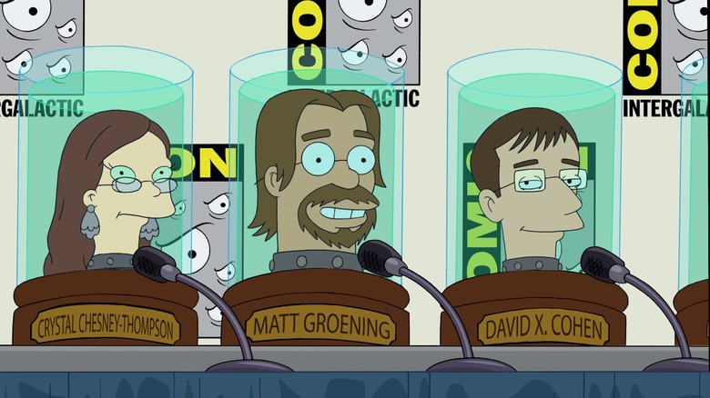 The severed heads of Crystal Chesney-Thompson, Matt Groening, and David X. Cohen, alive in jars, on Futurama