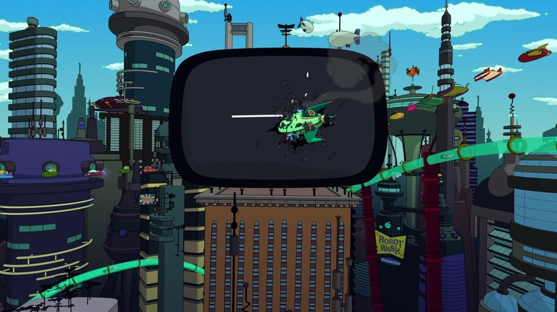 The Planet Express ship flying in a giant TV screen on Futurama