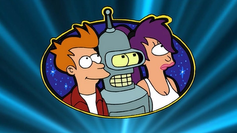 A logo-like portrait of Fry, Bender, and Leela in Futurama