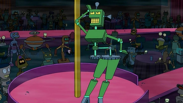 A robot stripper with gear-like hips on Futurama