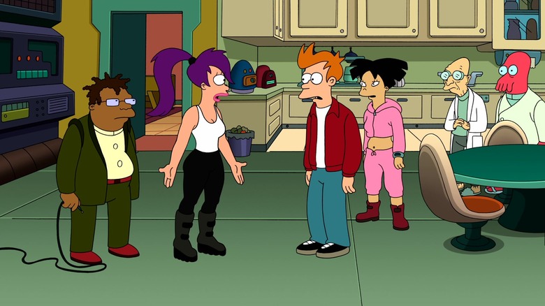 Hermes, Leela, Fry, Amy, the Professor, and Dr. Zoidberg standing in the Planet Express conference room in Futurama