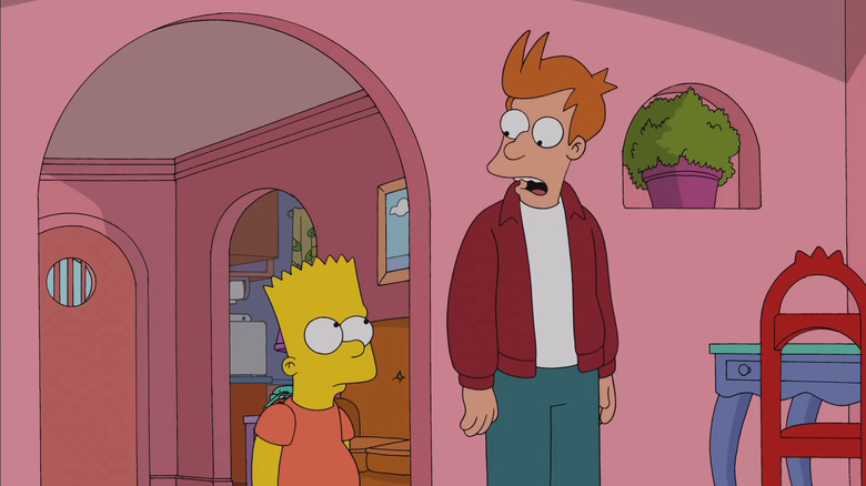 Fry y Bart en la sala de estar en un episodio cruzado de Los Simpson y Futurama