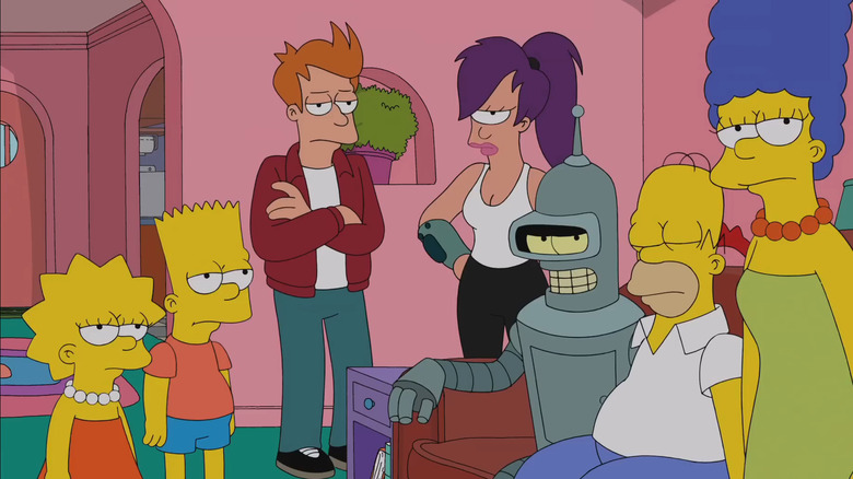 The Simpsons and the Planet Express crew in Homer and Marge's living room in The Simpsons/Futurama crossover