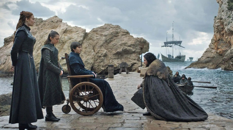 Jon says goodbye to Sansa, Arya, and Bran