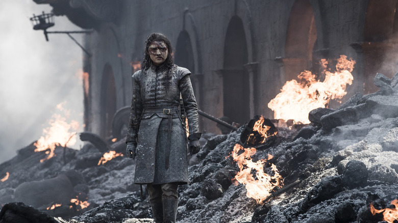 Arya covered in dirt and blood in the ruins of King's Landing on Game of Thrones