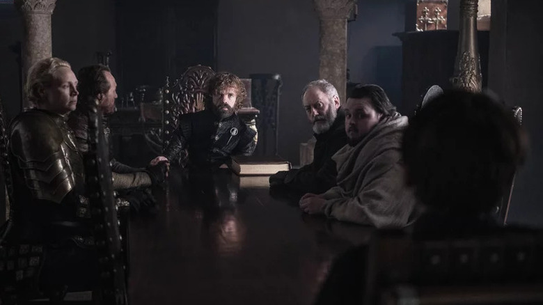 Tyrion at a Small Council meeting with Brienne Bronn Davos and Sam on Game of Thrones