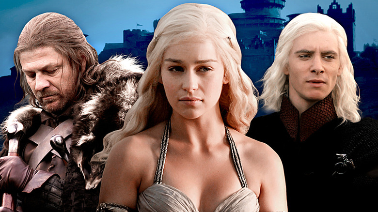 Ned Stark, Daenerys Targaryen, and Viserys Targaryen in front of Winterfell