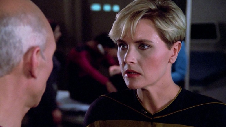 Tasha Yar, chatting intensely with Captain Picard about Star Trek: The Next Generation