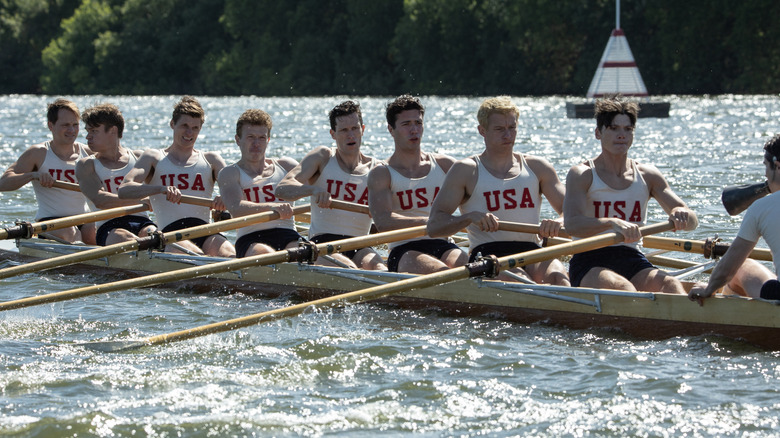 The Boys in the Boat cast on the water