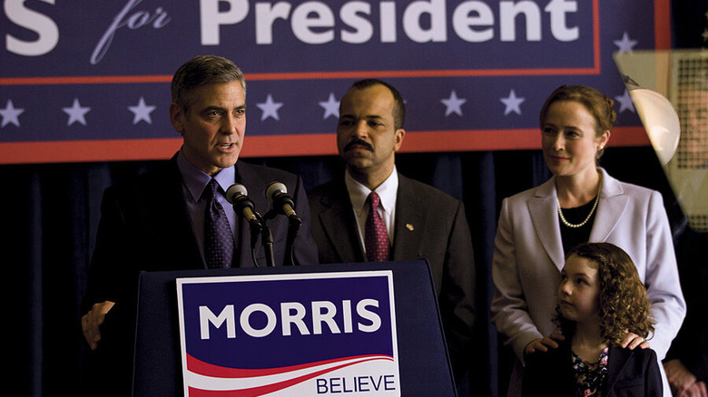 The Ides of March George Clooney as Mike Morris in front of American flag