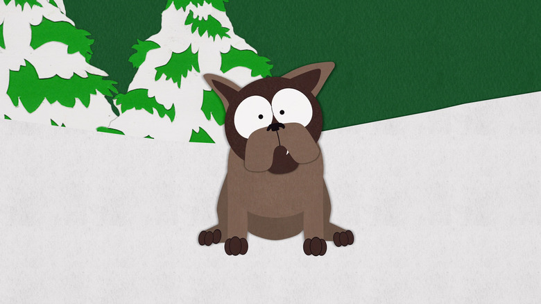 Sparky anjing dari South Park yang duduk di salju