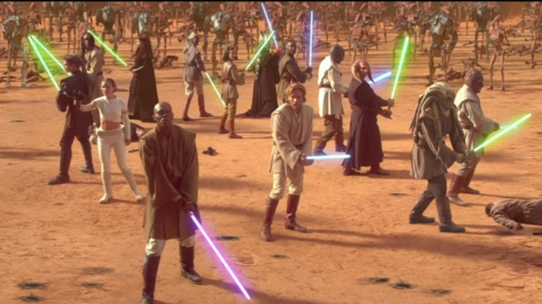 Hayden Christensen, Natalie Portman, Samuel L. Jackson, Ewan McGregor and assorted Jedi in Star Wars: Episode II - Attack of the Clones