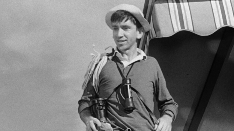 Gilligan, in black and white, prepping for his tour on Gilligan's Island