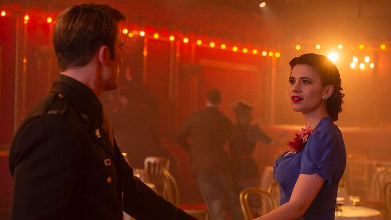 Steve Rogers (Chris Evans) and Peggy Carter (Hayley Atwell) reunite in Avengers: Age of Ultron