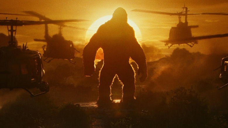 Helicopters approach King Kong in Kong: Skull Island