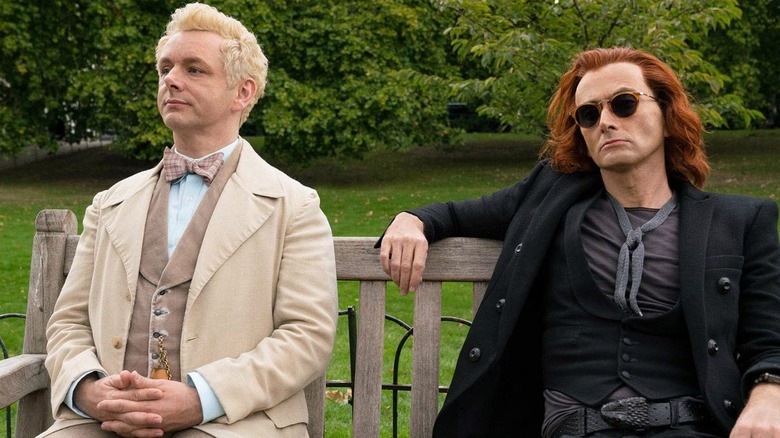 Aziraphale and Crowley sitting on a bench